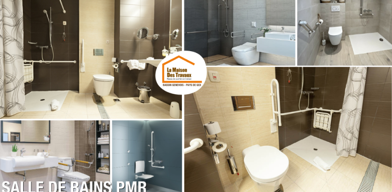  adaptation salle de bains PMR, salle de bains senior sécurisée, douche PMR plain-pied, aménagement PMR maison, MaPrimeAdapt salle de bains, travaux accessibilité logement, La Maison des Travaux Bassin de Genevois