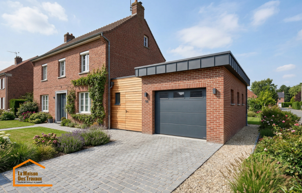 Garage moderne : alliance élégante du bois et de la brique en extension.