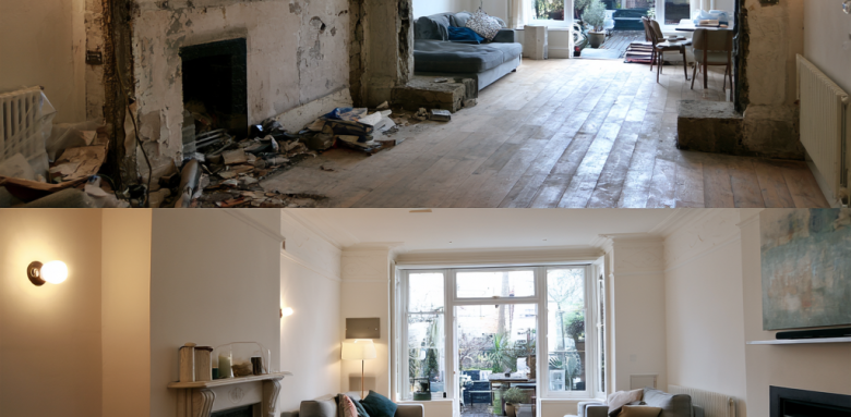 Avant après d’un salon en rénovation avec ouverture entre deux pièces, murs repris, parquet bois rénové et espace de vie lumineux.