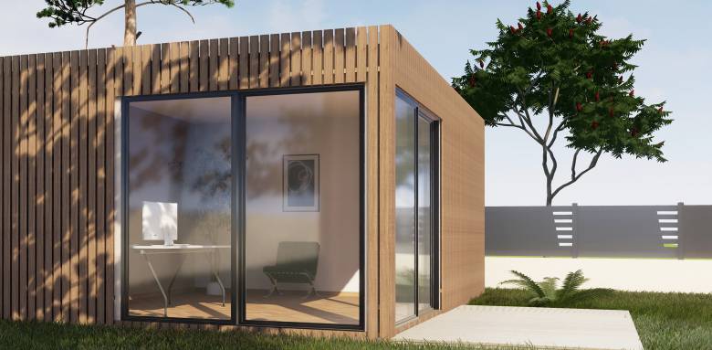 Une extension bois avec baie vitrée.