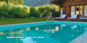 Piscine rénovée dans un jardin de chalet en Haute-Savoie avec transats, verdure et montagnes en arrière-plan, accompagnée du texte "Rénovation d’une piscine : les étapes clés à connaître