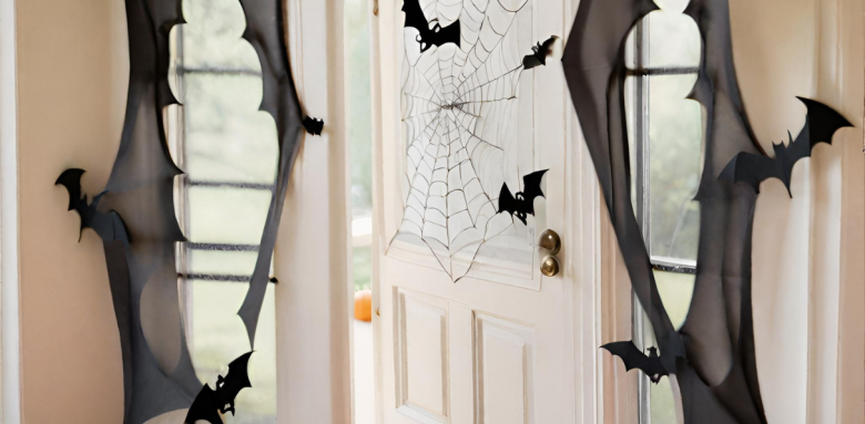 Toiles d'araignées et chauves-souris porte halloween