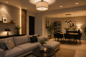 Salon et salle à manger modernes avec éclairage d'ambiance, suspension design et luminaires LED créant une atmosphère chaleureuse.