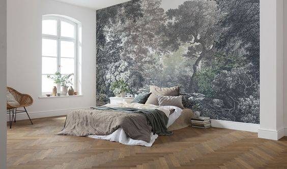 Papier peint panoramique très tendance pour cette chambre parentale