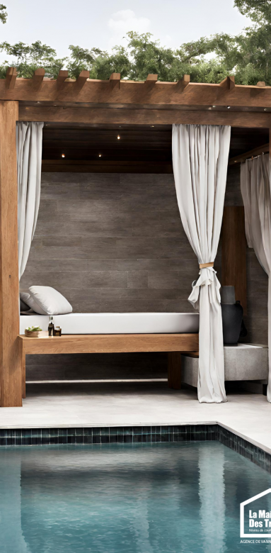 Pergolas avec des rideaux piscine