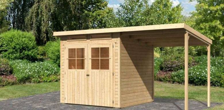 abri de jardin bois, à toit plat, avec préau