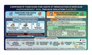 Comparatif parcours par geste et rénovation d'ampleur MaPrimeRénov' 2026, travaux isolation éligibles