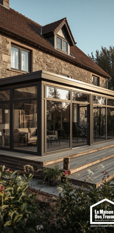 Véranda contemporaine avec grandes surfaces vitrées et vue sur le jardin
