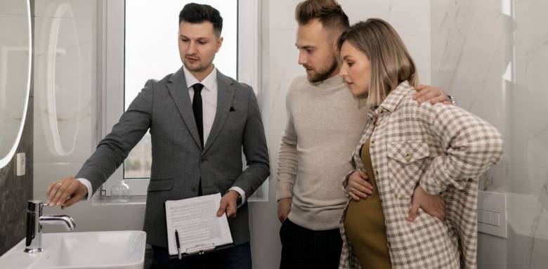 Courtier en travaux en visite de chantier avec les clients