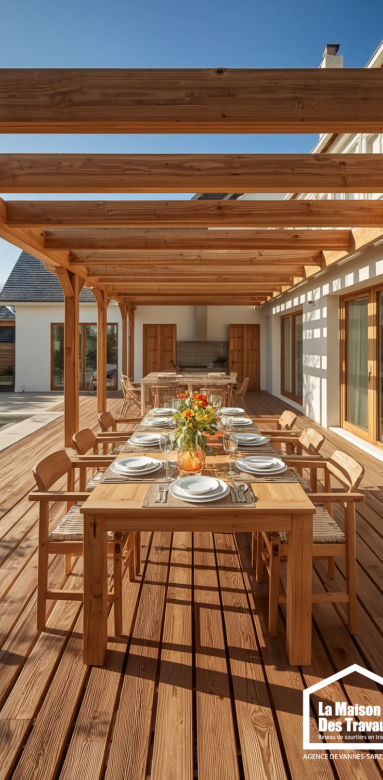 Grande terrasse en bois exotique aménagée pour un déjeuner en famille au printemps en Bretagne.