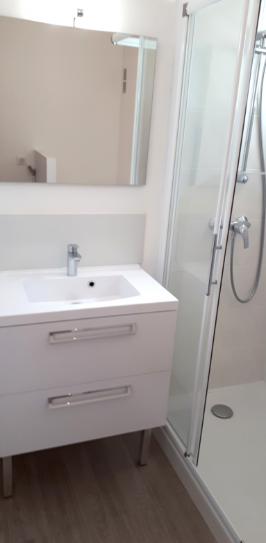 Petite salle de bain avec douche et meuble vasque