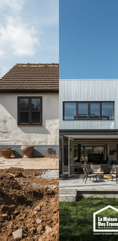 Comparatif visuel entre une dalle béton de chantier et une extension moderne terminée en zinc dans le Morbihan.