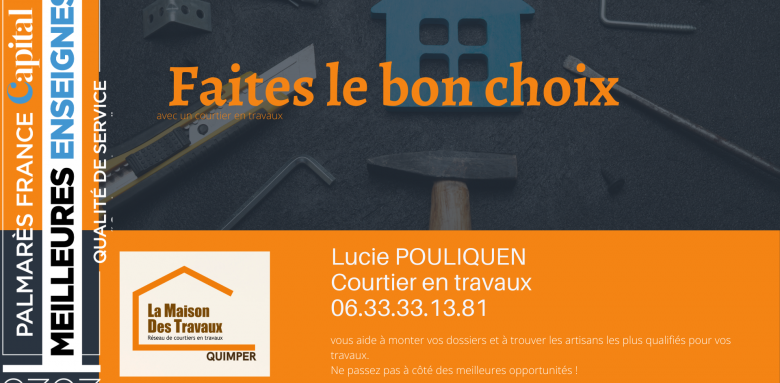 Lucie Pouliquen, courtière en travaux à Quimper, accompagne les propriétaires dans leurs projets de rénovation en sélectionnant des artisans qualifiés et fiables.