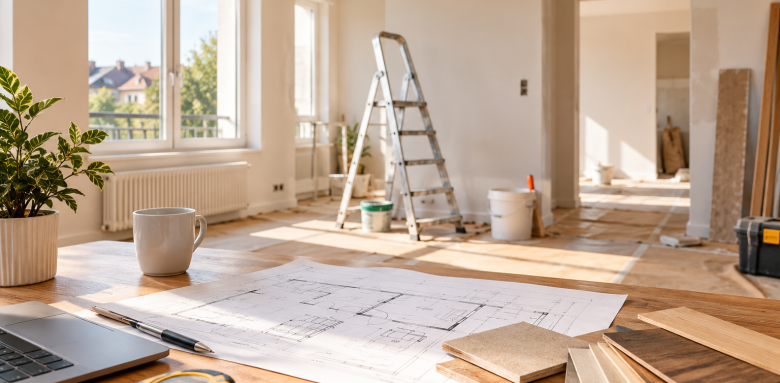 Préparation d'un projet de rénovation d'appartement avec plans, échantillons de matériaux, outils et pièce en cours de travaux.