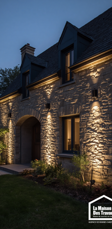 Maison individuelle éclairée à la tombée de la nuit