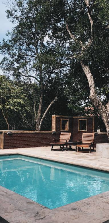 Une terrasse verdoyante sur une place de piscine 