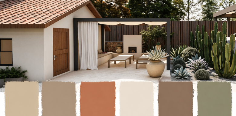 palette de couleurs terrasse 2026 sable argile terracotta crème brun doux et vert sauge