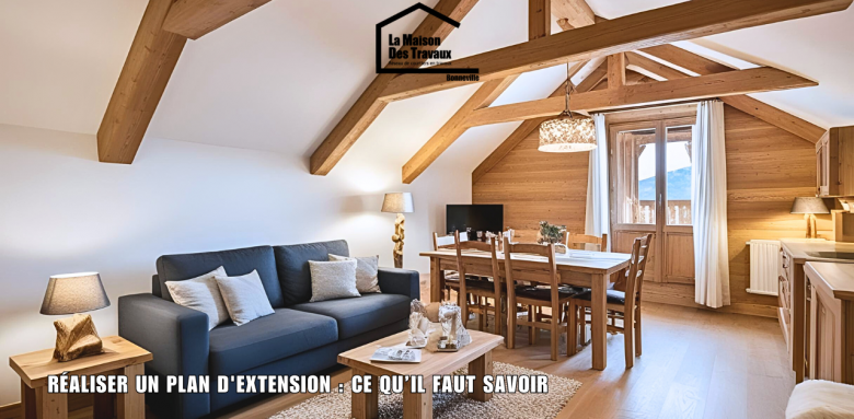 Salon et salle à manger en bois dans un chalet moderne, avec charpente apparente et lumière naturelle, accompagnée du texte "Réaliser un plan d'extension : ce qu’il faut savoir".