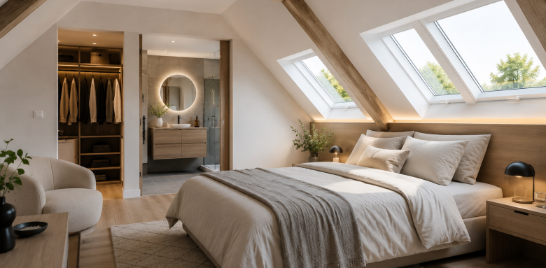 Suite parentale moderne aménagée sous les combles avec fenêtres de toit et rangements intégrés