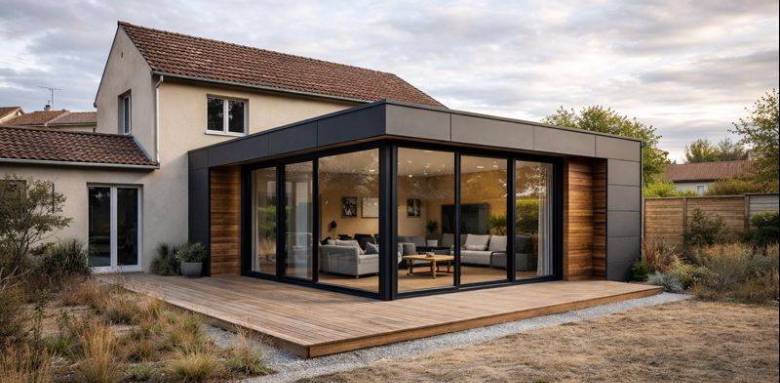 Extension maison bois et métal avec terrasse à Francheville 69340