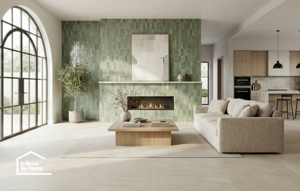 Salon moderne avec mur en carrelage vert type zellige autour d’une cheminée, grande baie vitrée et carrelage grand format au sol.