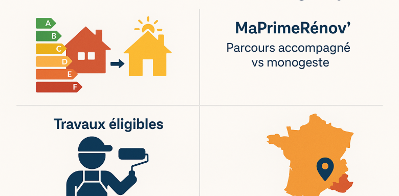 Infographie sur les aides à la rénovation énergétique : MaPrimeRénov’, travaux éligibles, parcours accompagné vs monogeste, localisation dans le Var.