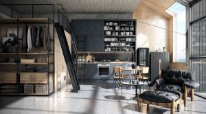 Salon avec bibliothèque style factory