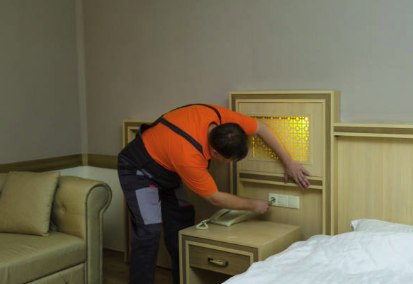 Intervention d'un ouvrier électricien dans une chambre d'hotel