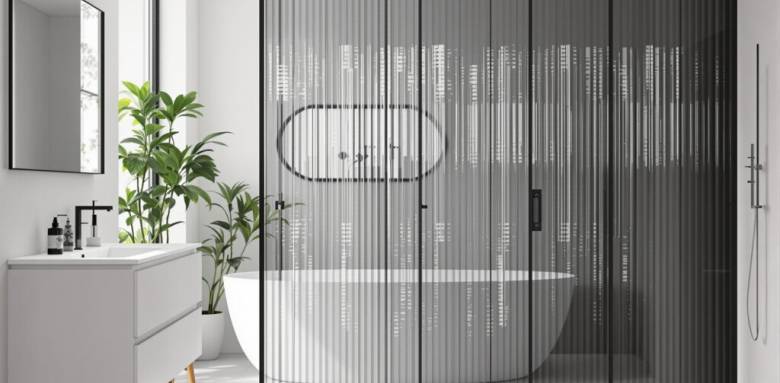 Verre strié rainures violettes salle de bain