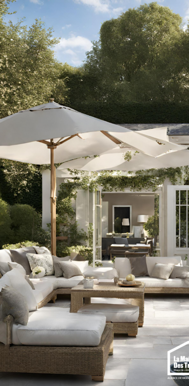 Décoration abords de piscine espace détente parasol