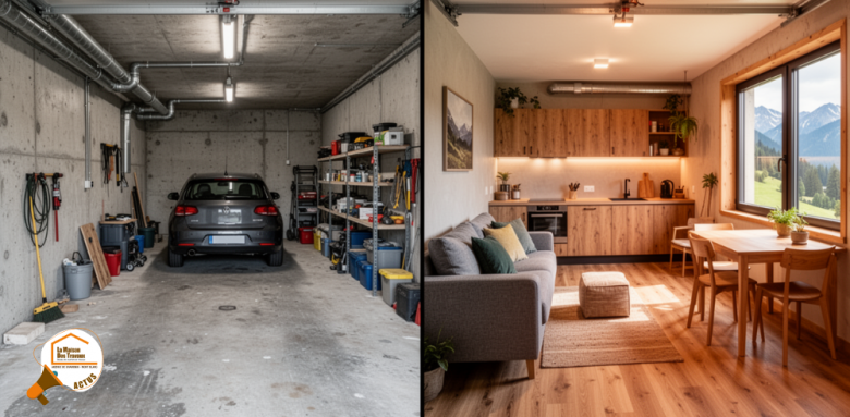 aménagement garage Chamonix, transformer garage en studio Megève, création logement locatif Sallanches, rénovation garage Saint-Gervais, investissement locatif La Clusaz Le Grand-Bornand
