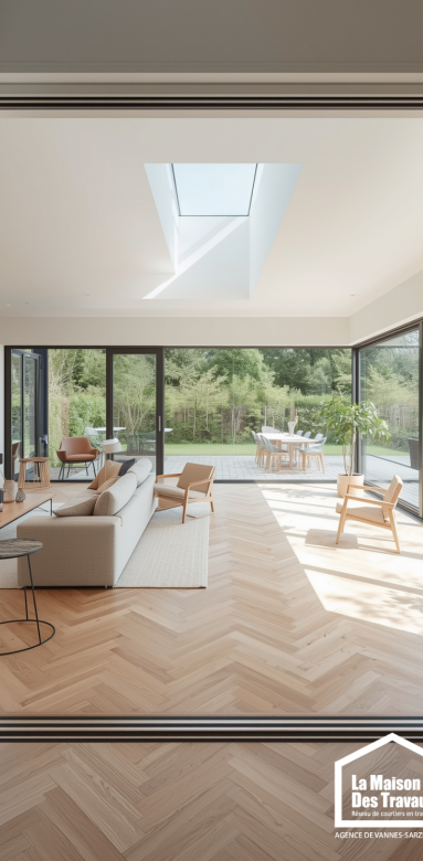 Vue intérieure d'une extension de maison avec grandes baies vitrées, parquet clair et décoration moderne.