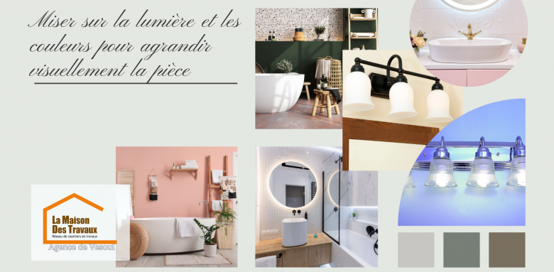 Cette composition visuelle démontre l’impact de la lumière et des couleurs sur la perception de l’espace dans une salle de bain.