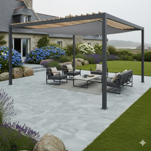 Grès cérame en terrasse avec pergola