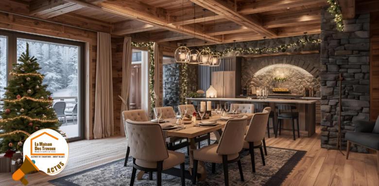 rénovation intérieure chalet Chamonix, ambiance chaleureuse Noël Haute-Savoie, matériaux bois pierre Megève, éclairage cocooning Sallanches, aménagement séjour La Clusaz, La Maison des Travaux Chamonix Mont-Blanc