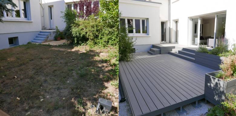 Avant/après d’un aménagement de terrasse grise dans une cour extérieure avec bacs plantés près de Colmar.