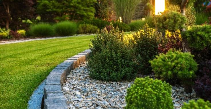 Une petite murette sépare la pelouse de la partie arborée