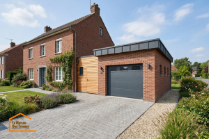 Garage moderne : alliance élégante du bois et de la brique en extension.