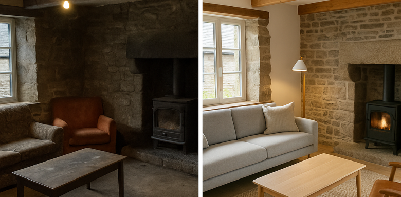 Rénovation intérieure résidence secondaire grande salle avec cheminée restaurée