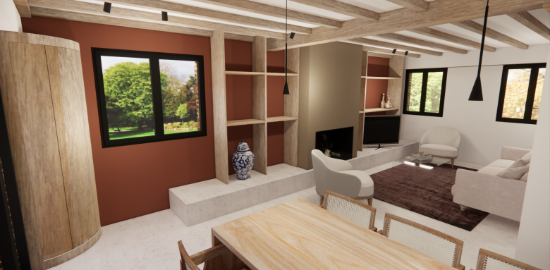 Vue 3D aménagement autour de la cheminée