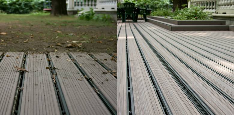 Détail avant/après de lames de terrasse composite avec évacuation intégrée.