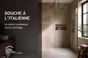 Douche italienne moderne à Agen, avec carrelage grand format, paroi vitrée et aménagement élégant de salle de bain.