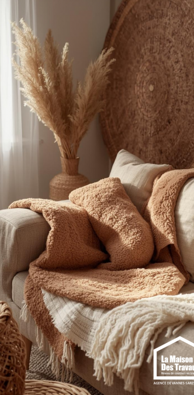 Ambiance intérieure chaleureuse : plaids, lumière, matériaux naturels