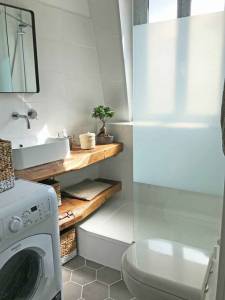 Petite salle de bain - douche à l'italienne et intégration machine à laver 