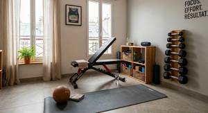 un ancien bureau transformé en salle de sport lumineuse