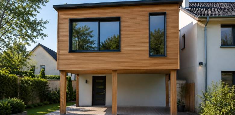 Extension bois sur pilotis vue face arrière 69290 Grézieu-la-Varenne