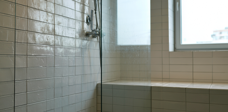 Douche moderne avec carrelage blanc et paroi vitrée minimaliste