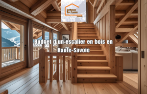 Escalier en bois massif dans un chalet contemporain en Haute-Savoie avec vue sur les montagnes – exemple de réalisation La Maison Des Travaux.