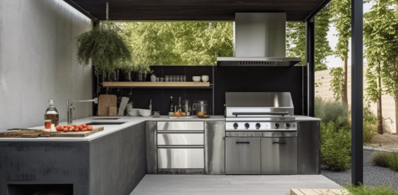 Cuisine extérieure ouverte sous pergola bioclimatique adossée