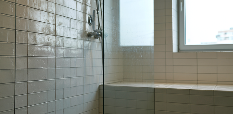 Douche moderne avec carrelage blanc et paroi vitrée minimaliste
